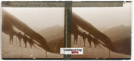 Pic du Midi de Bigorre, plaque verre photo stéréo, sépia 6x13 cm
