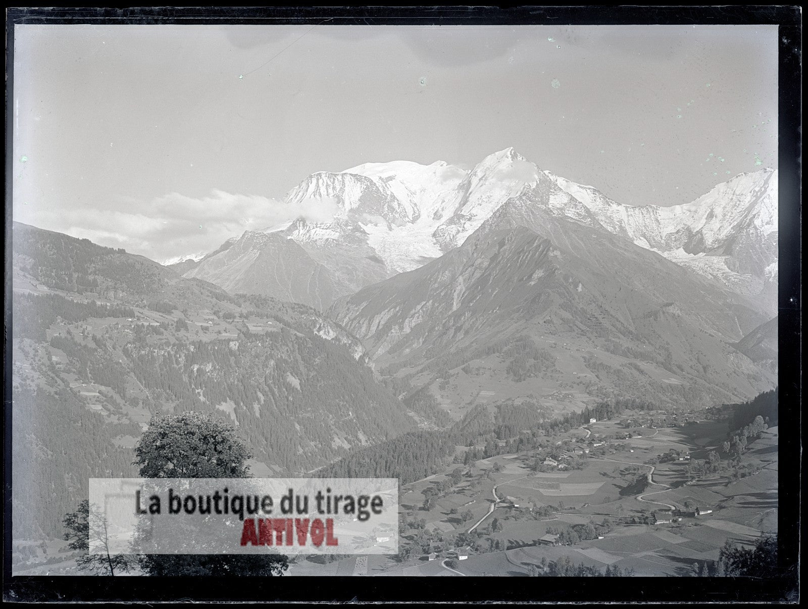 Mont-Blanc, vallée de l’Arve, plaque verre, photo ancienne, négatif 9x12 cm