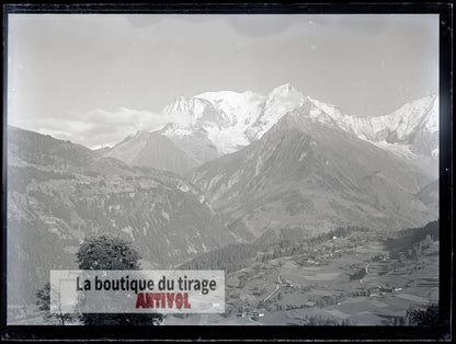 Mont-Blanc, vallée de l’Arve, plaque verre, photo ancienne, négatif 9x12 cm