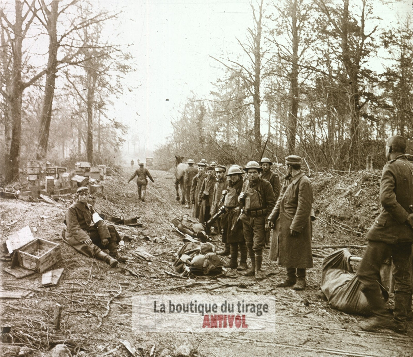 Argonne, prisonniers et blessés, WW1, plaque verre photo ancienne stéréo 6x13 cm
