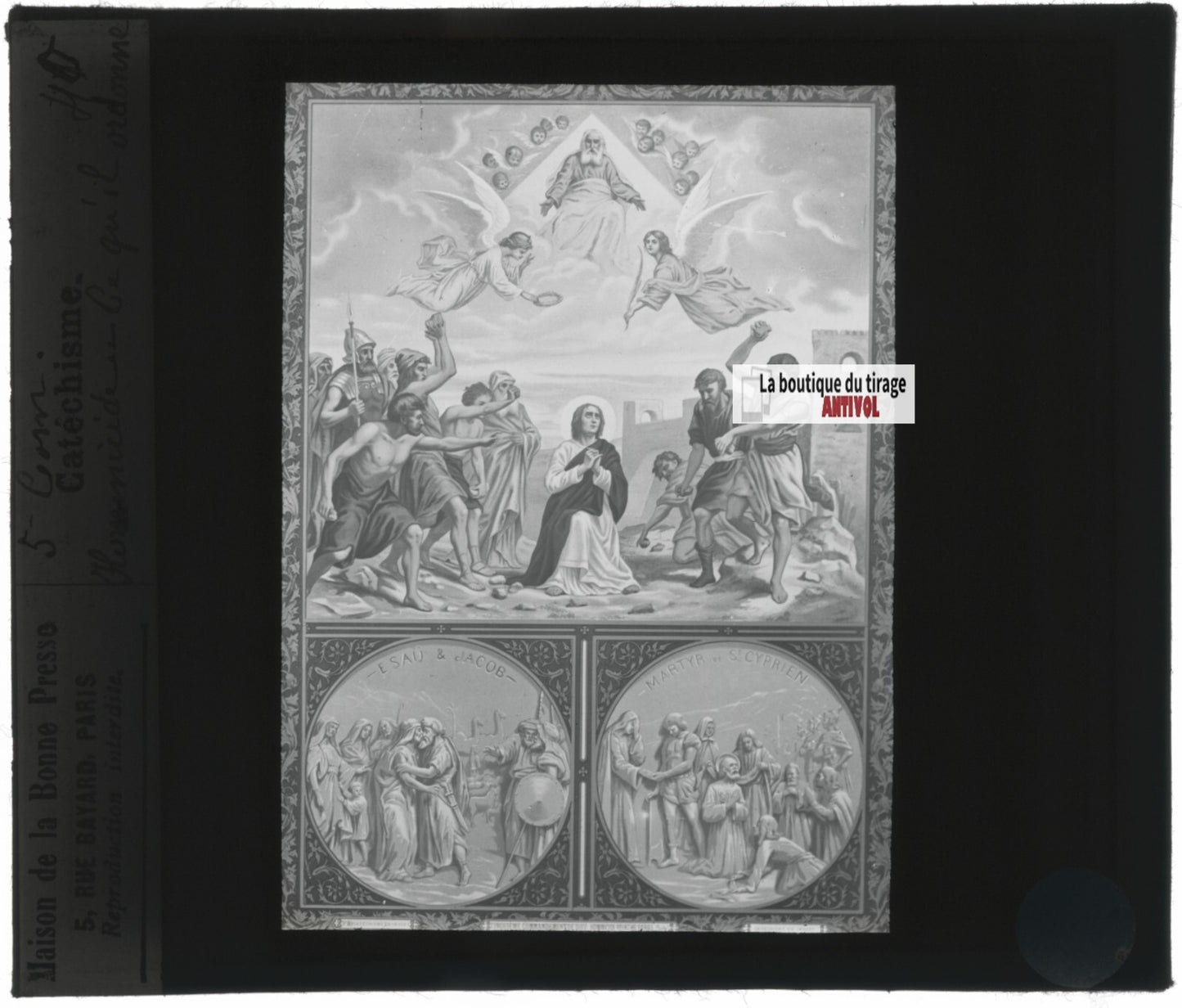 Scène religieuse, catéchisme, dessin peinture, plaque verre, positif 8,5x10 cm