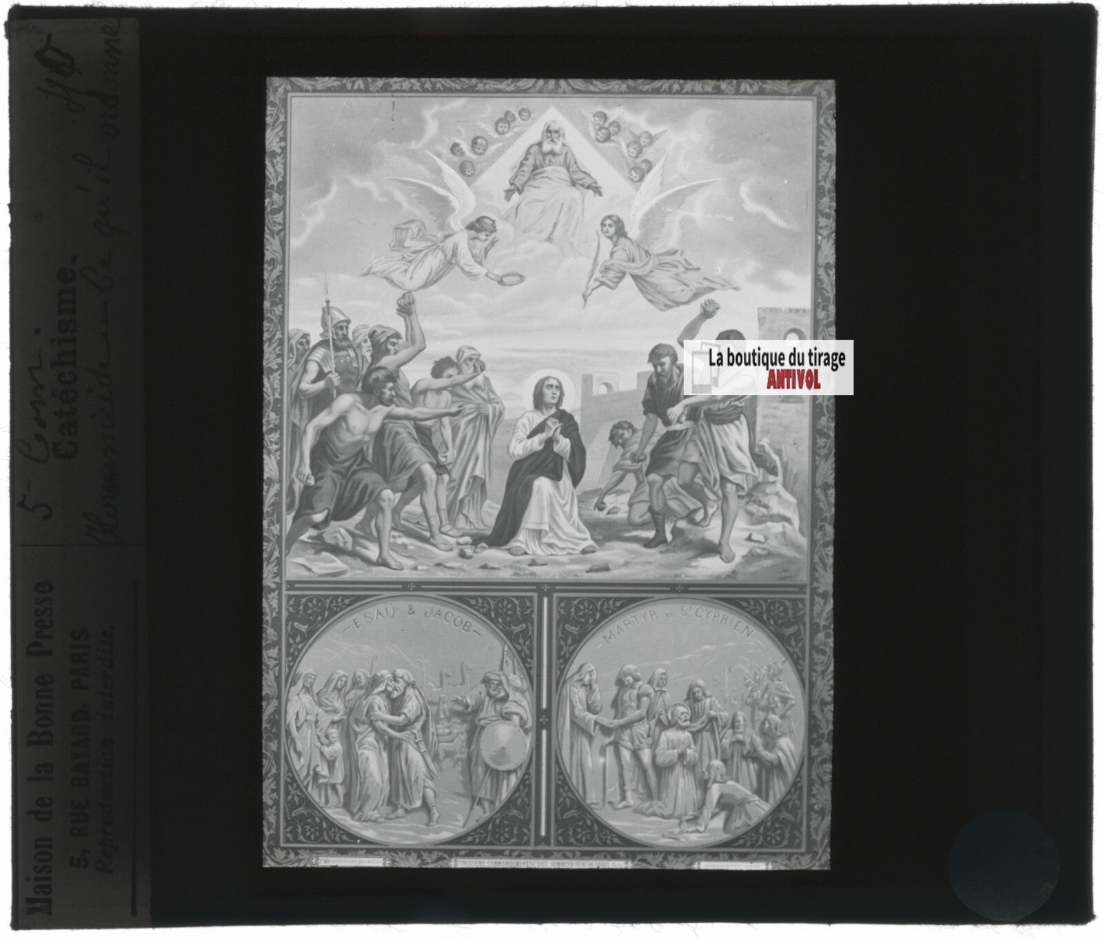 Scène religieuse, catéchisme, dessin peinture, plaque verre, positif 8,5x10 cm