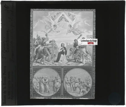 Scène religieuse, catéchisme, dessin peinture, plaque verre, positif 8,5x10 cm