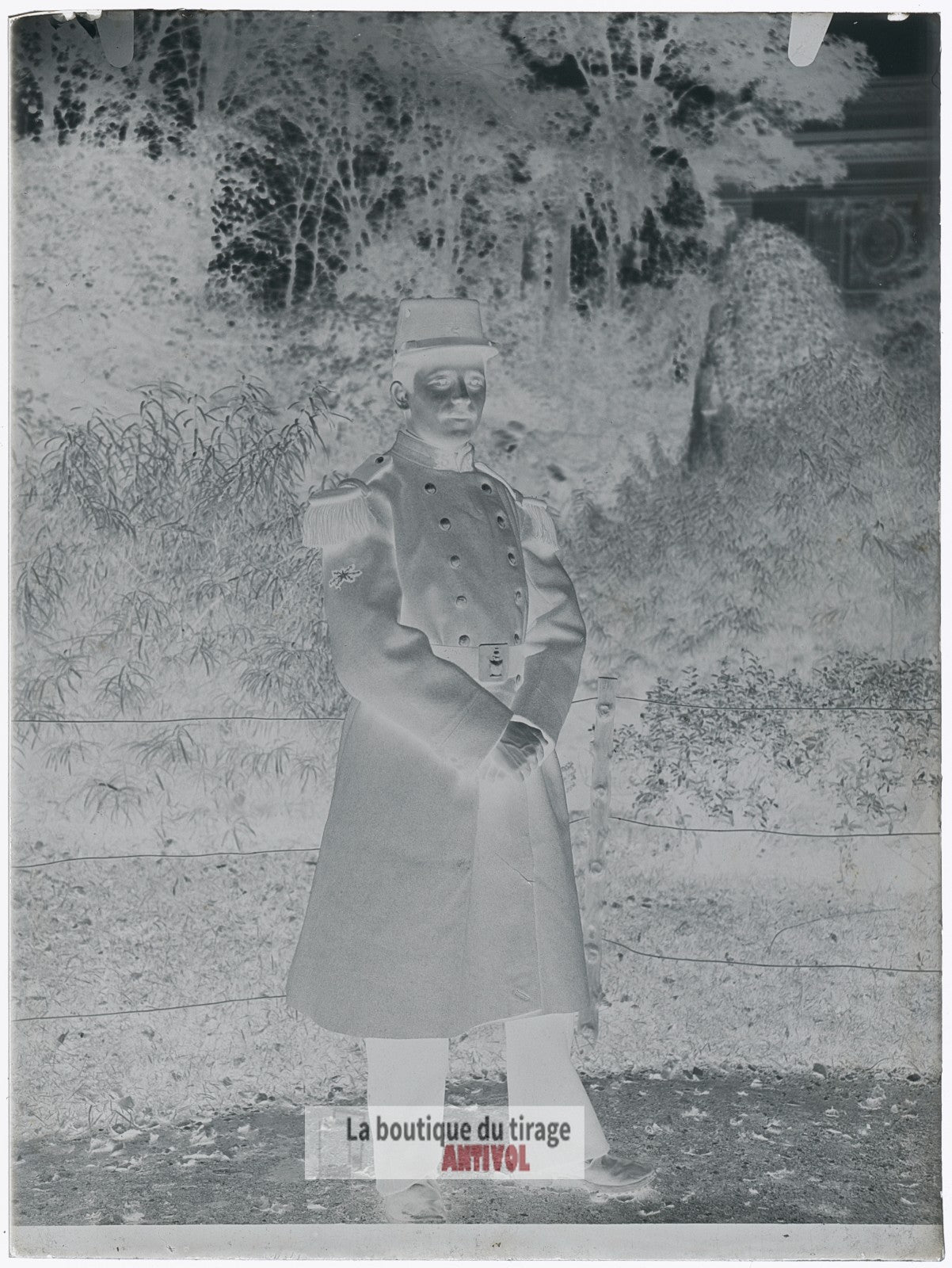 Officier français, soldat, parc, plaque verre, photo ancienne, négatif 9x12 cm