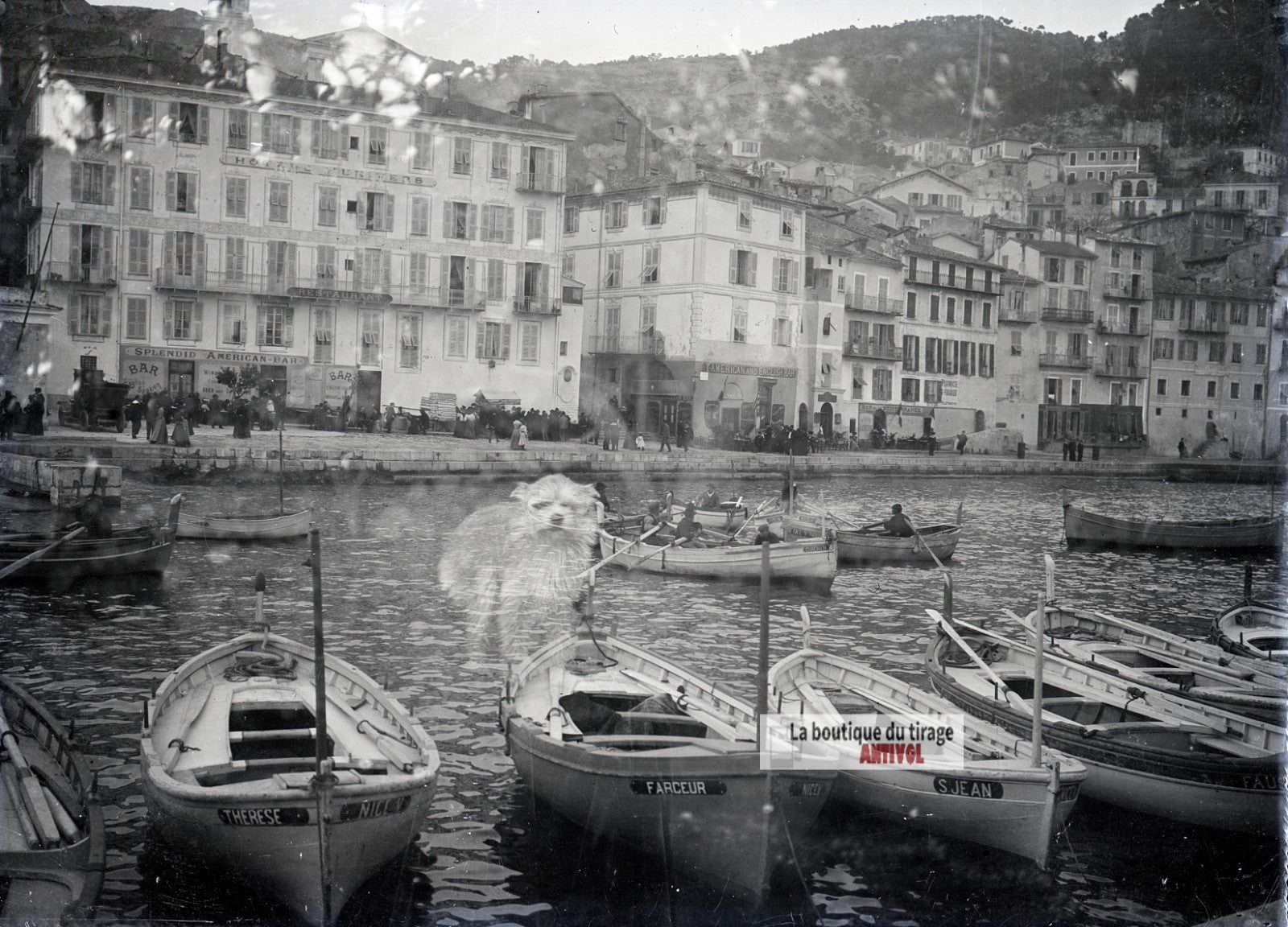 Le port de Villefranche-sur-Mer, plaque verre photo ancienne, négatif 9x12 cm