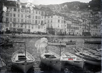Le port de Villefranche-sur-Mer, plaque verre photo ancienne, négatif 9x12 cm