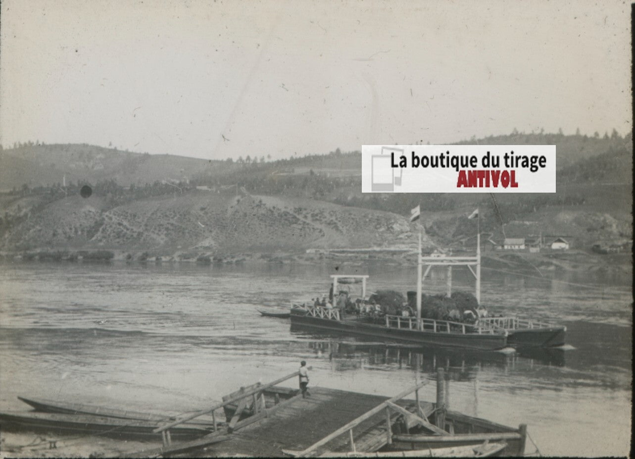 Bateau, Sretensk, Russie, photo plaque verre, noir & blanc, positif 8,5x10 cm