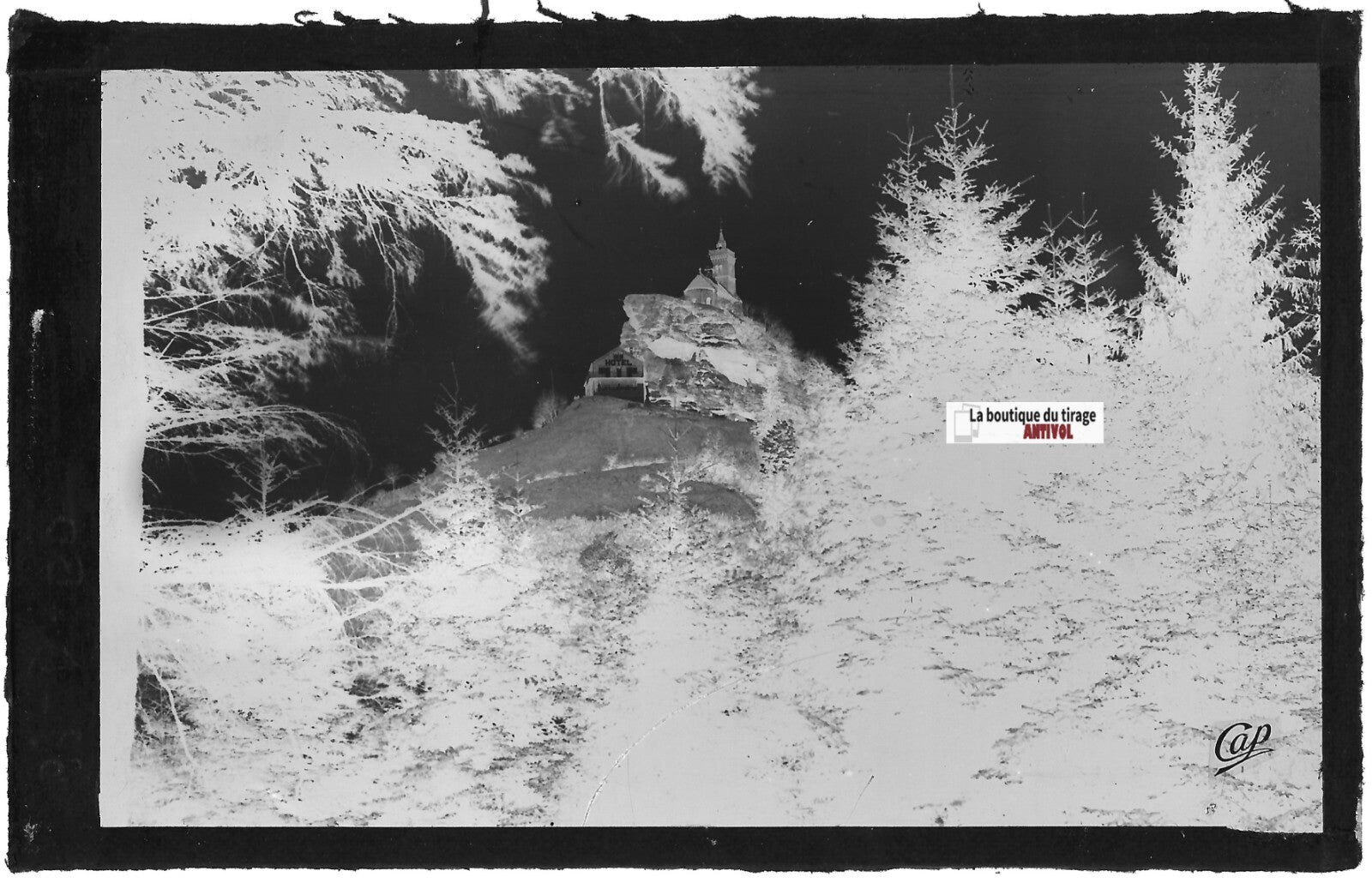 Plaque verre photo, négatif noir & blanc 9x14 cm, Dabo, Chapelle et hôtel, forêt