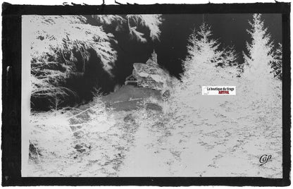 Plaque verre photo, négatif noir & blanc 9x14 cm, Dabo, Chapelle et hôtel, forêt