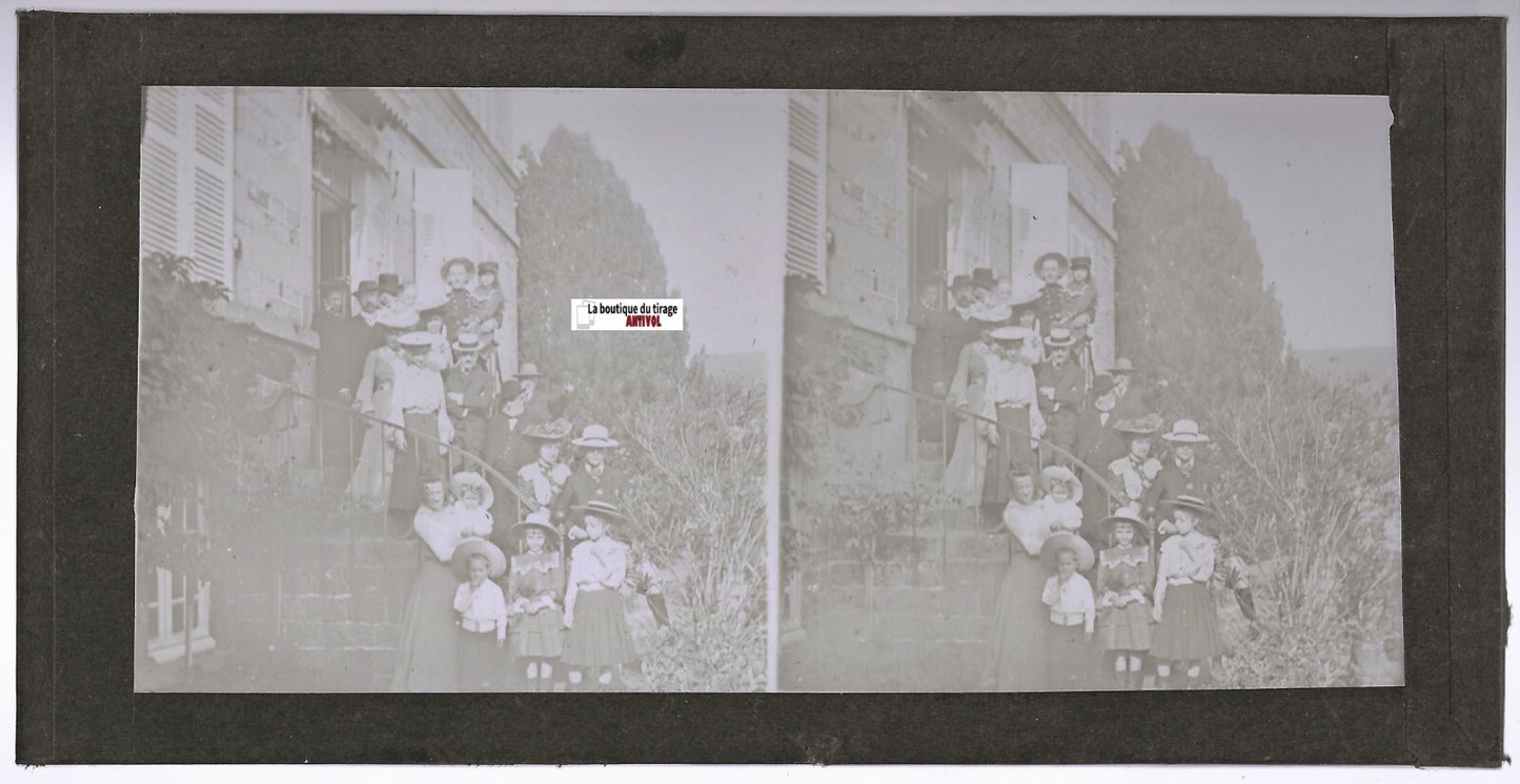 Famille France, Plaque verre photo ancienne, stéréo positif noir & blanc 9x18 cm