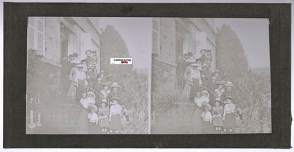 Famille France, Plaque verre photo ancienne, stéréo positif noir & blanc 9x18 cm