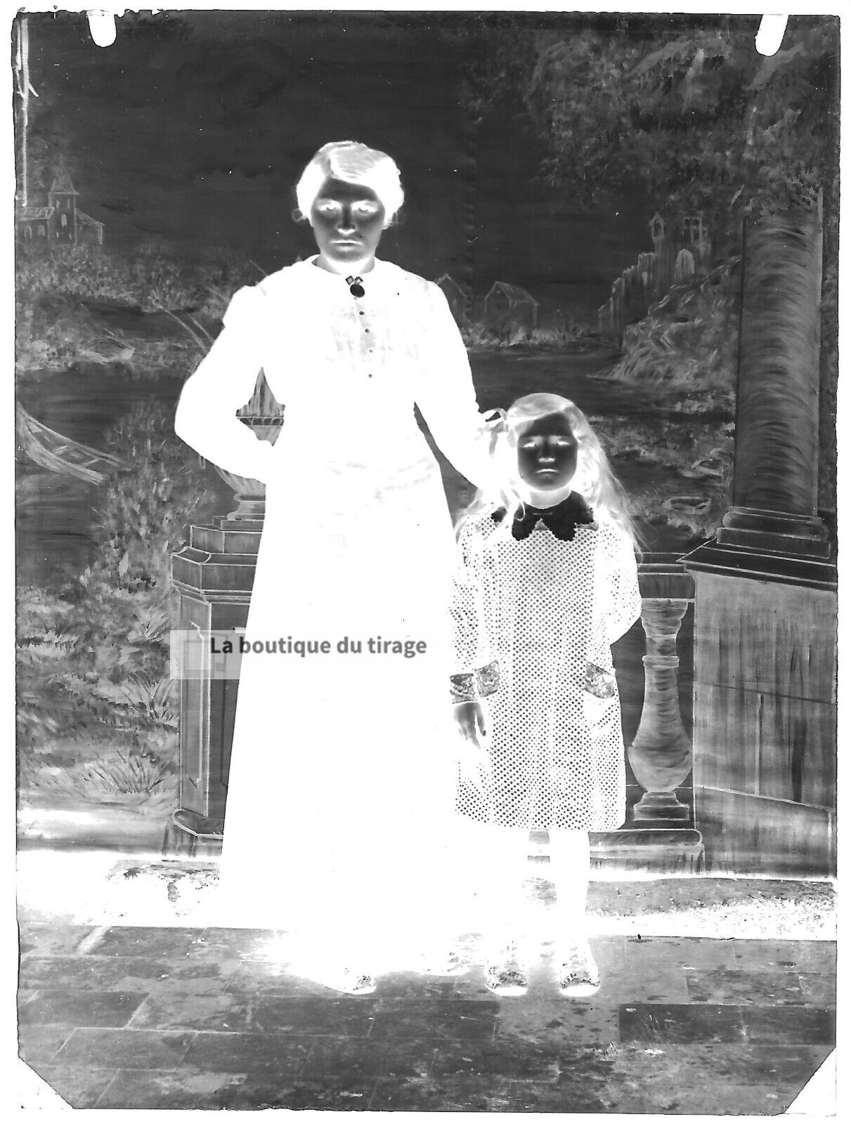 Plaque verre photo ancienne négatif noir et blanc 9x12 cm maman fille France 