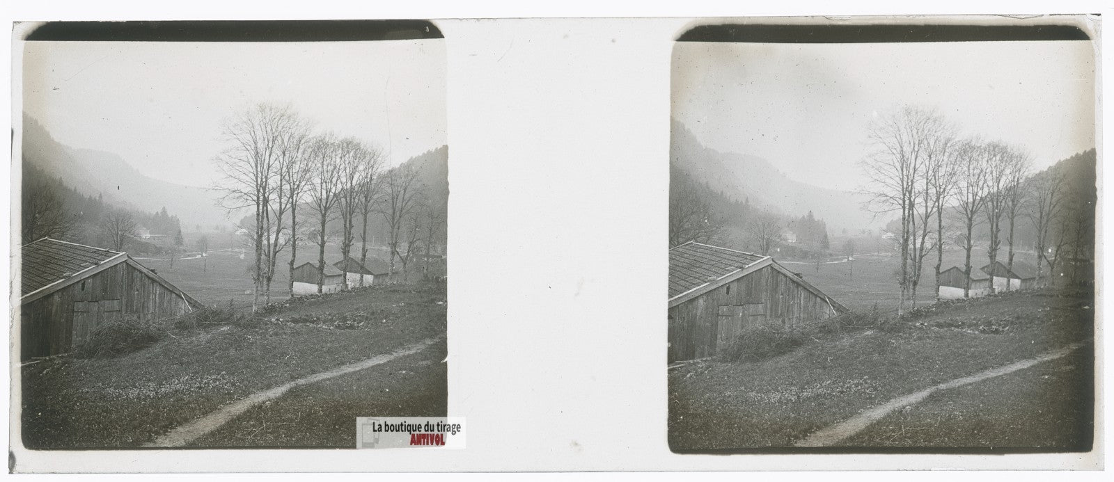 Vallée vosgienne, Vosges, plaque verre stéréo, photo ancienne 4,5x10,7 cm