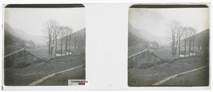 Vallée vosgienne, Vosges, plaque verre stéréo, photo ancienne 4,5x10,7 cm
