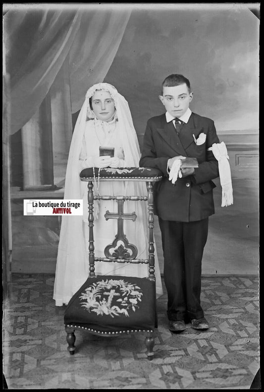 Communion, enfants, Plaque verre photo, négatif noir & blanc 10x15 cm France