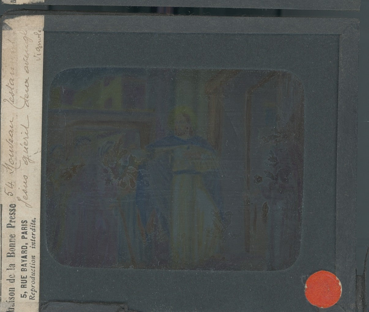 Nouveau testament, illustration, plaque verre ancienne, couleur 8,5x10 cm