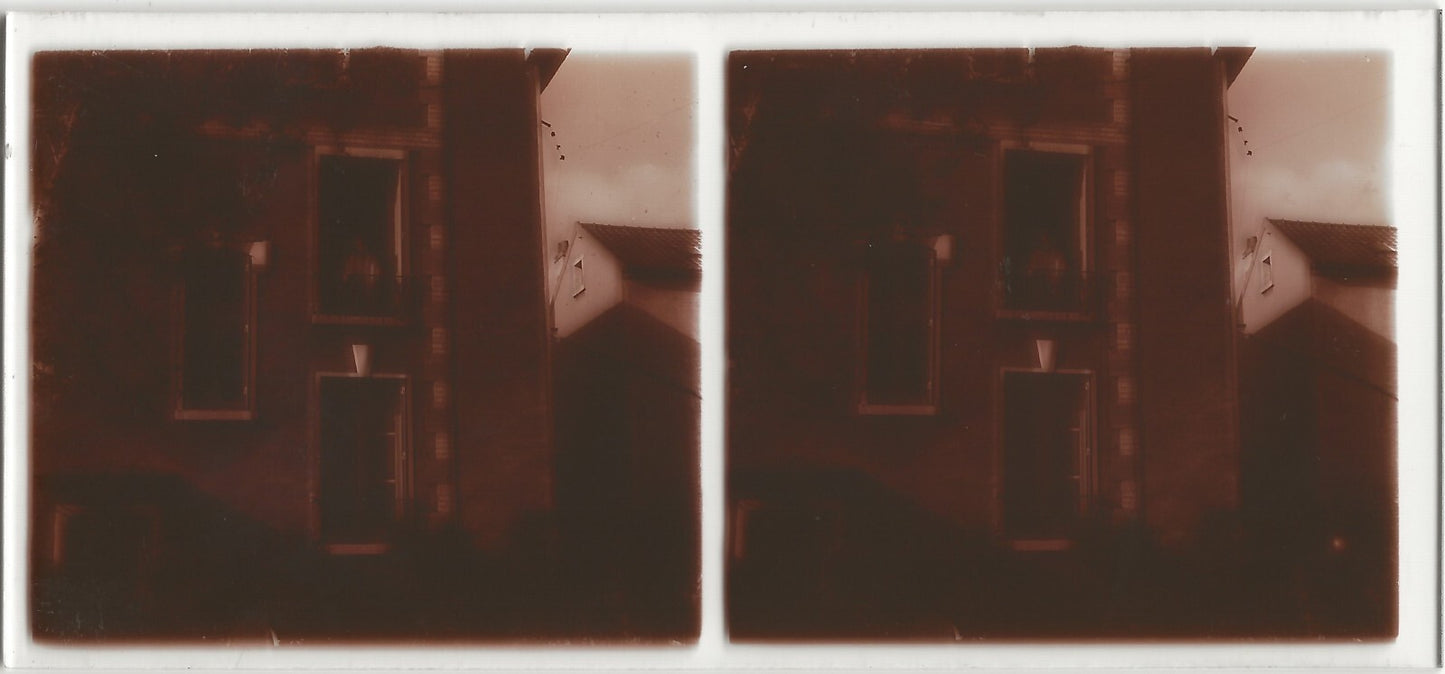 Maison de village, Plaque verre photo stéréo, positif noir & blanc 6x13 cm
