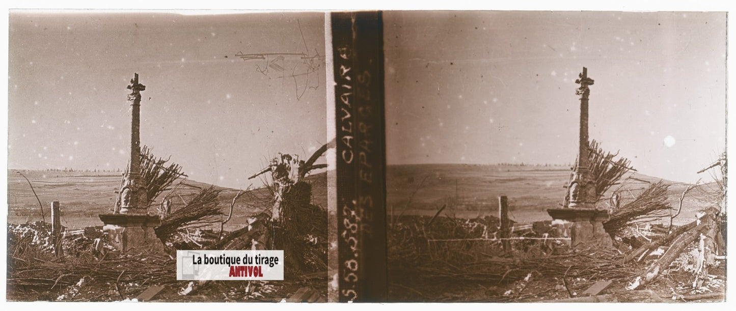 Calvaire des Éparges, WW1, plaque verre stéréo, photo ancienne 4,5x10,7 cm