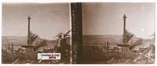Calvaire des Éparges, WW1, plaque verre stéréo, photo ancienne 4,5x10,7 cm