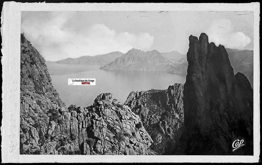 Plaque verre photo négatif noir & blanc 9x14 cm, Piana, Corse, calanques, mer