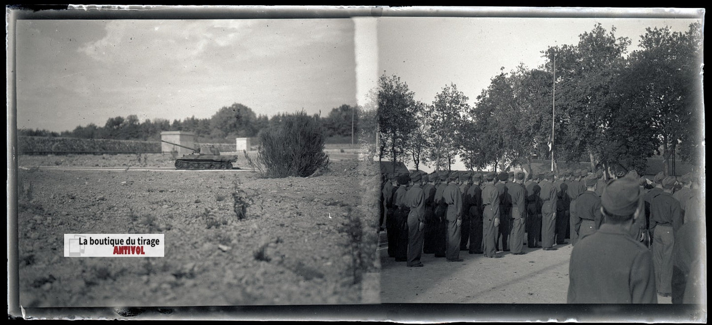 Camp du Ruchard, char, plaque verre, photo ancienne, négatif N&B 6x13 cm