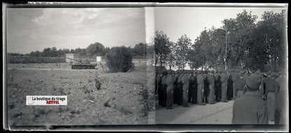 Camp du Ruchard, char, plaque verre, photo ancienne, négatif N&B 6x13 cm