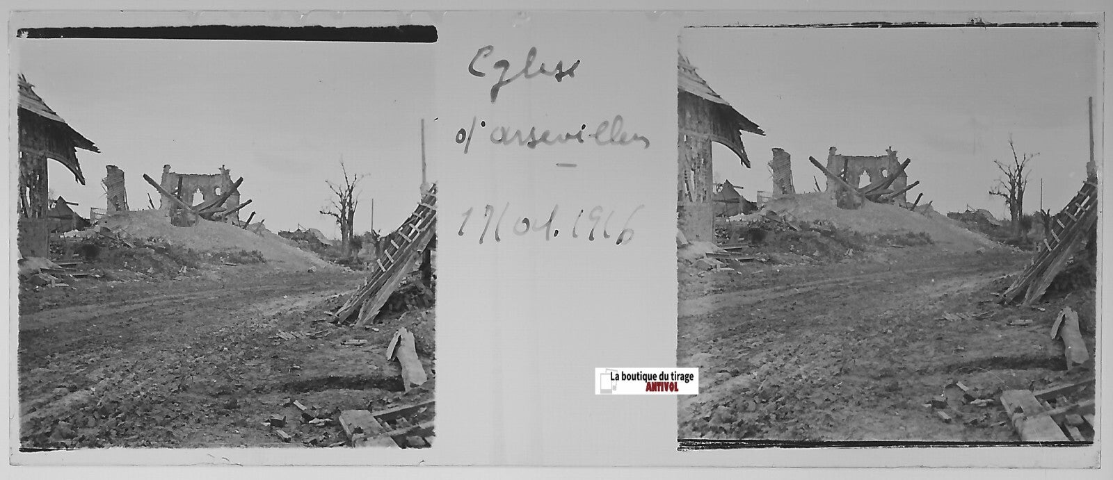 Assevillers église, Plaque verre stéréo, positif ancien noir & blanc 4,5x10,7 cm