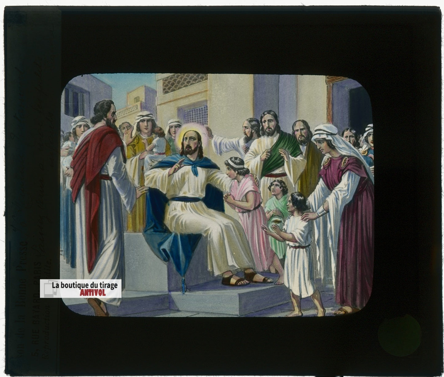 Jésus bénit les petits enfants, dessin, plaque verre ancienne, couleur 8,5x10 cm