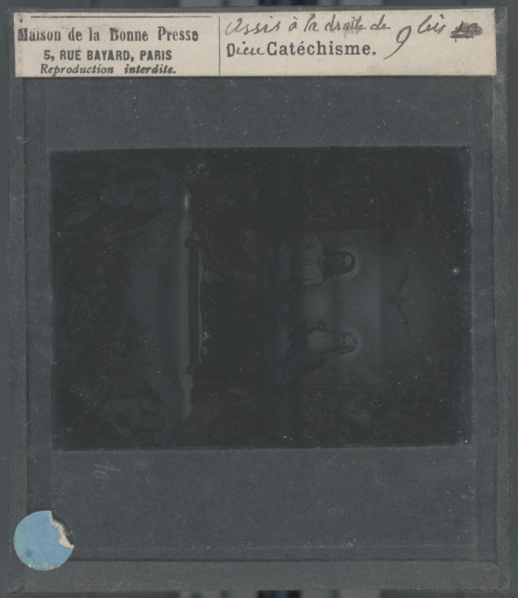 Scène religieuse, catéchisme, dessin peinture, plaque verre, positif 8,5x10 cm