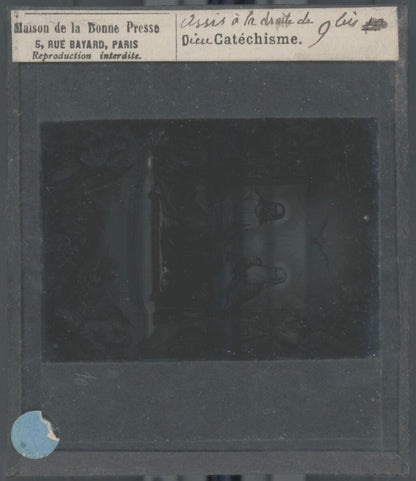 Scène religieuse, catéchisme, dessin peinture, plaque verre, positif 8,5x10 cm