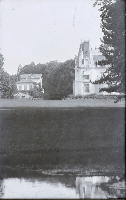 Plaque verre photo ancienne négatif 9x14 cm, noir et blanc château arbre parc