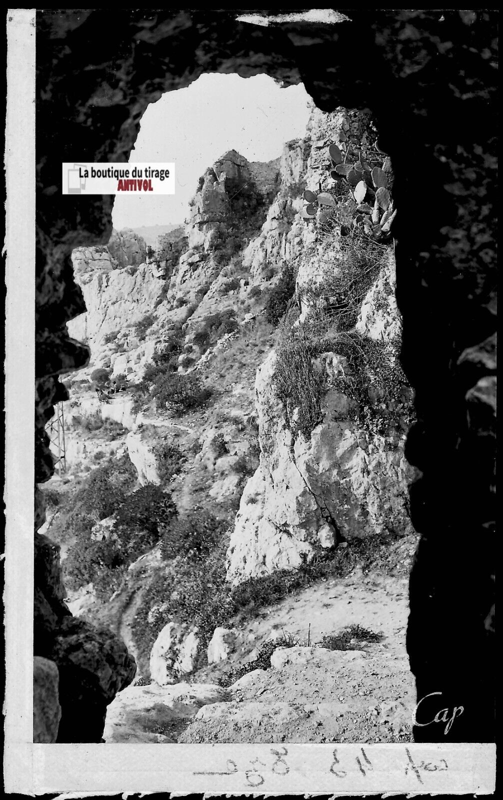 Plaque verre photo ancienne négatif noir & blanc 9x14 cm, Èze, rochers, falaise