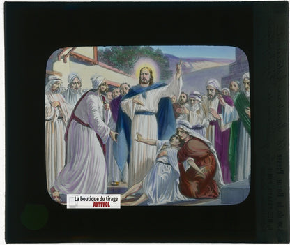 Guérison de l’épileptique, illustration, plaque verre, couleur 8,5x10 cm