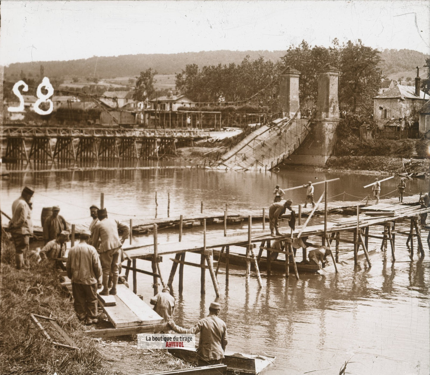 Port-à-Binson, pont guerre WW1, plaque verre stéréo, photo ancienne 4,5x10,7 cm