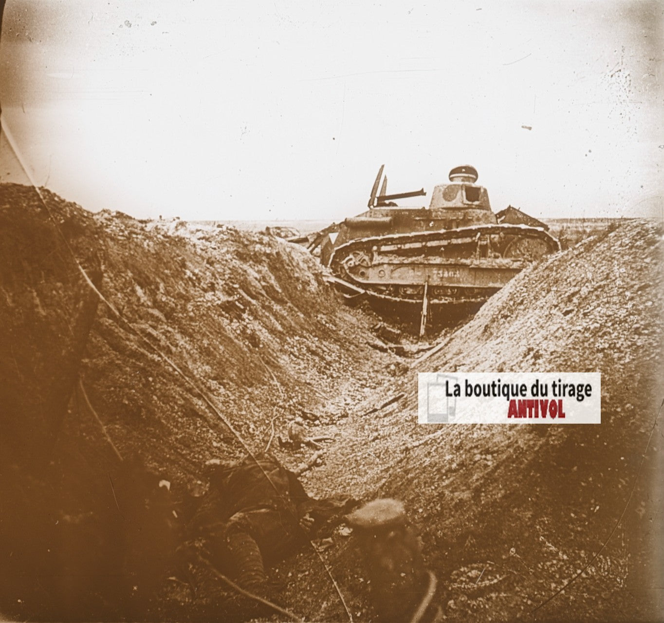 Sainte-Marie-à-Py, Char Renault FT, plaque verre, photo ancienne stéréo 6x13 cm