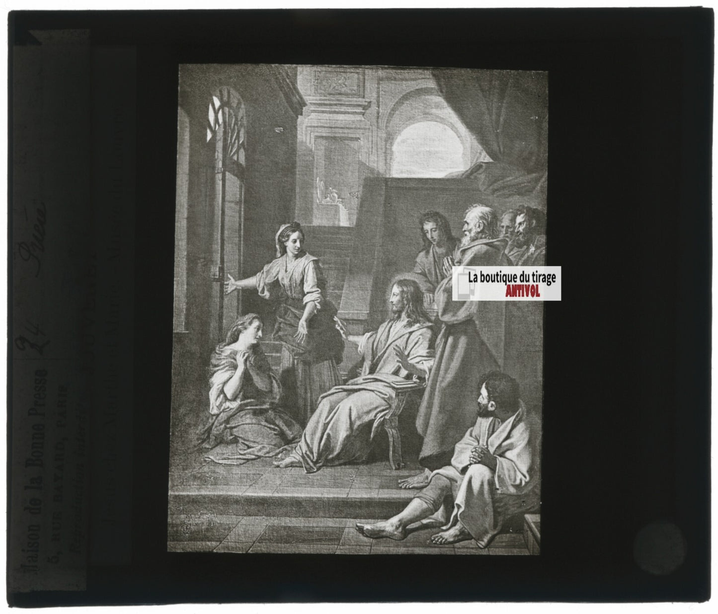 Le Christ chez Marthe et Marie, dessin peinture, plaque verre, positif 8,5x10 cm