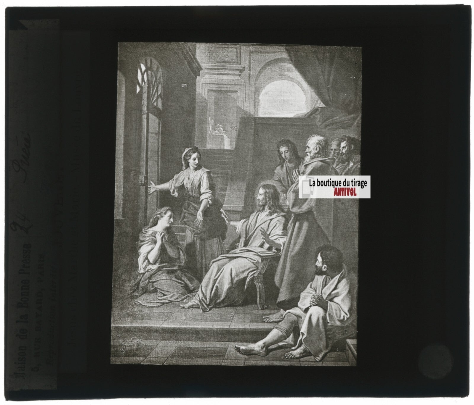 Le Christ chez Marthe et Marie, dessin peinture, plaque verre, positif 8,5x10 cm