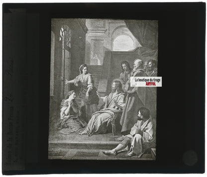 Le Christ chez Marthe et Marie, dessin peinture, plaque verre, positif 8,5x10 cm