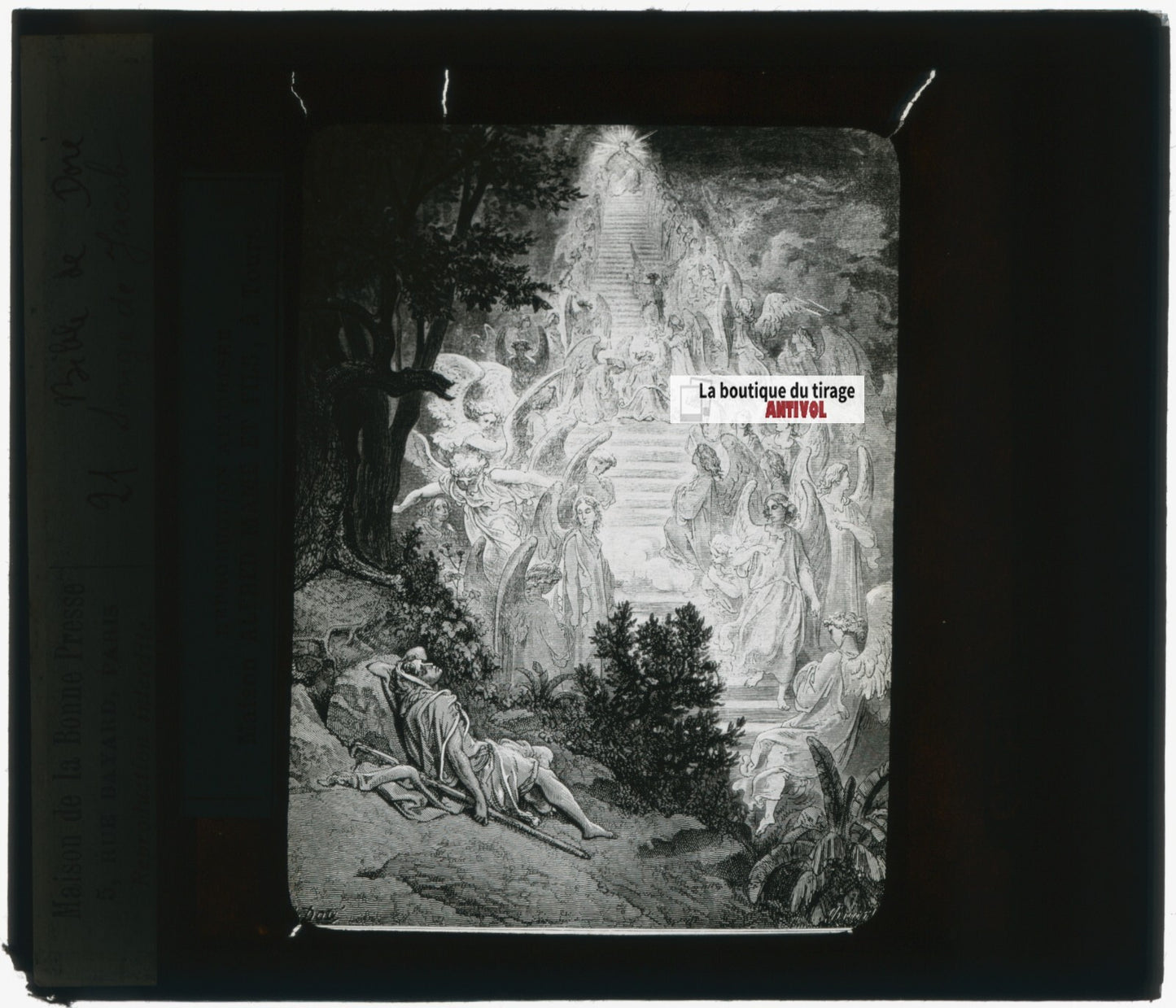 Histoire, Bible Doré, dessin, plaque de verre, noir & blanc, positif 8,5x10 cm