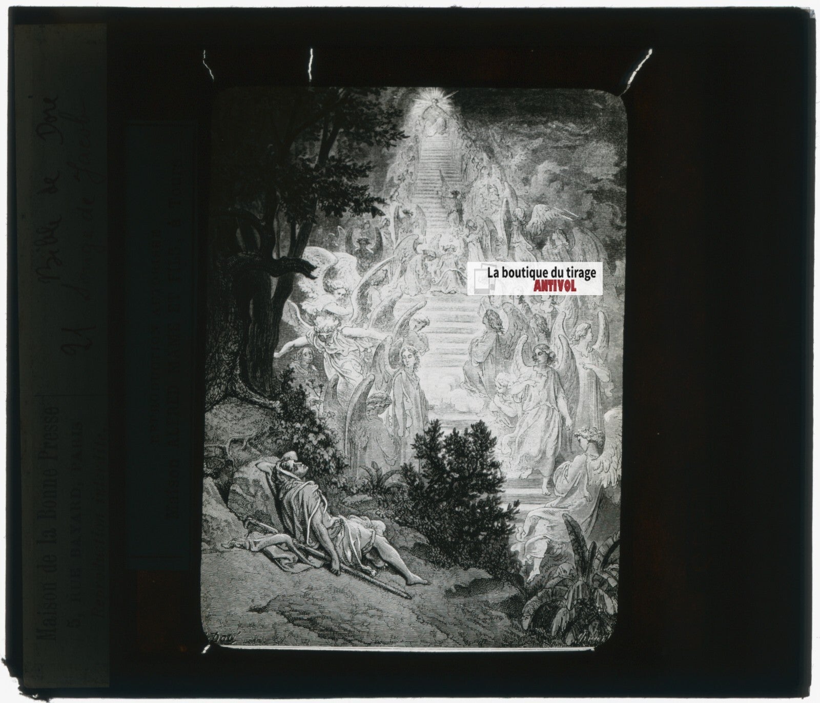 Histoire, Bible Doré, dessin, plaque de verre, noir & blanc, positif 8,5x10 cm