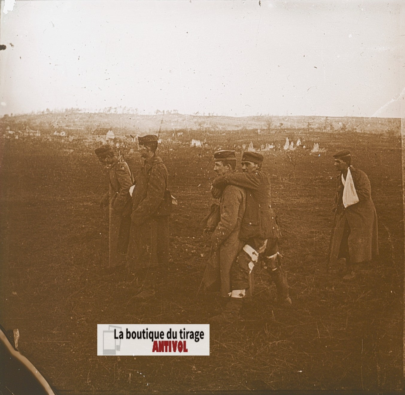 Aisne 1918, soldats blessés, WW1, plaque verre, photo ancienne stéréo 6x13 cm