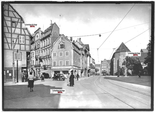 Plaque verre photo ancienne positif noir & blanc 13x18 cm Colmar tramway voiture