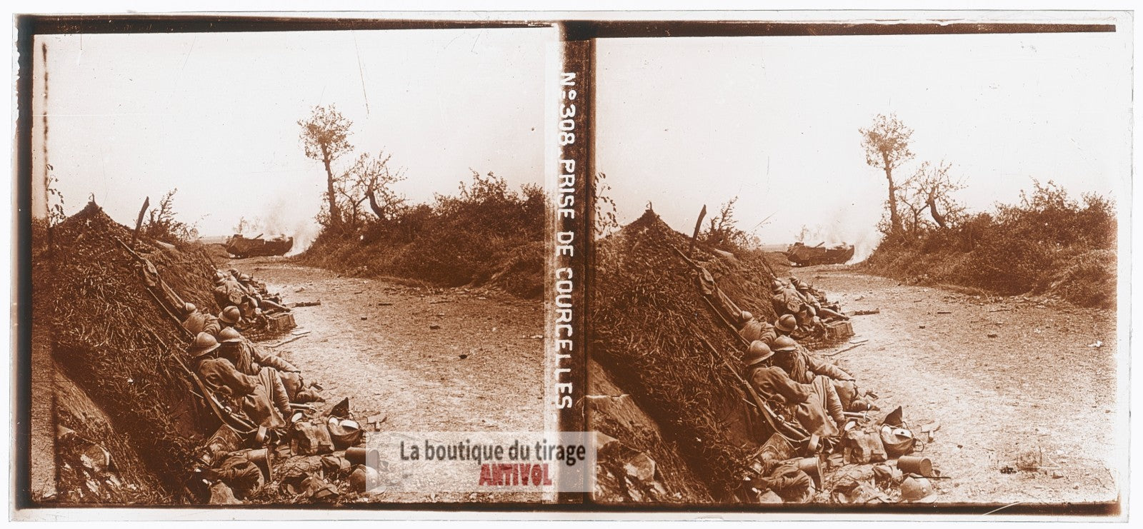 Prise de Courcelles, char guerre WW1, plaque verre photo ancienne stéréo 6x13 cm