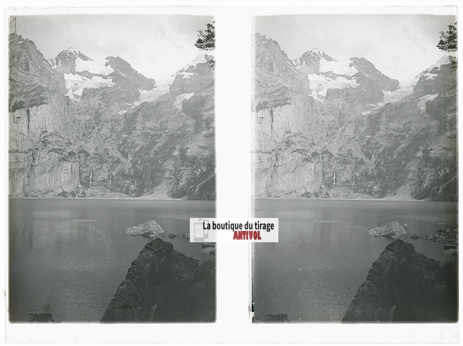 Lac d’Oeschinen, Alpes Suisse, stéréo photo plaque verre, noir & blanc, 9x12 cm