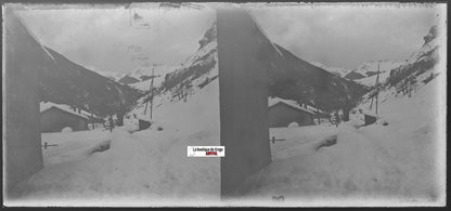 Montagne, village, Plaque verre photo stéréo, négatif noir & blanc 6x13 cm