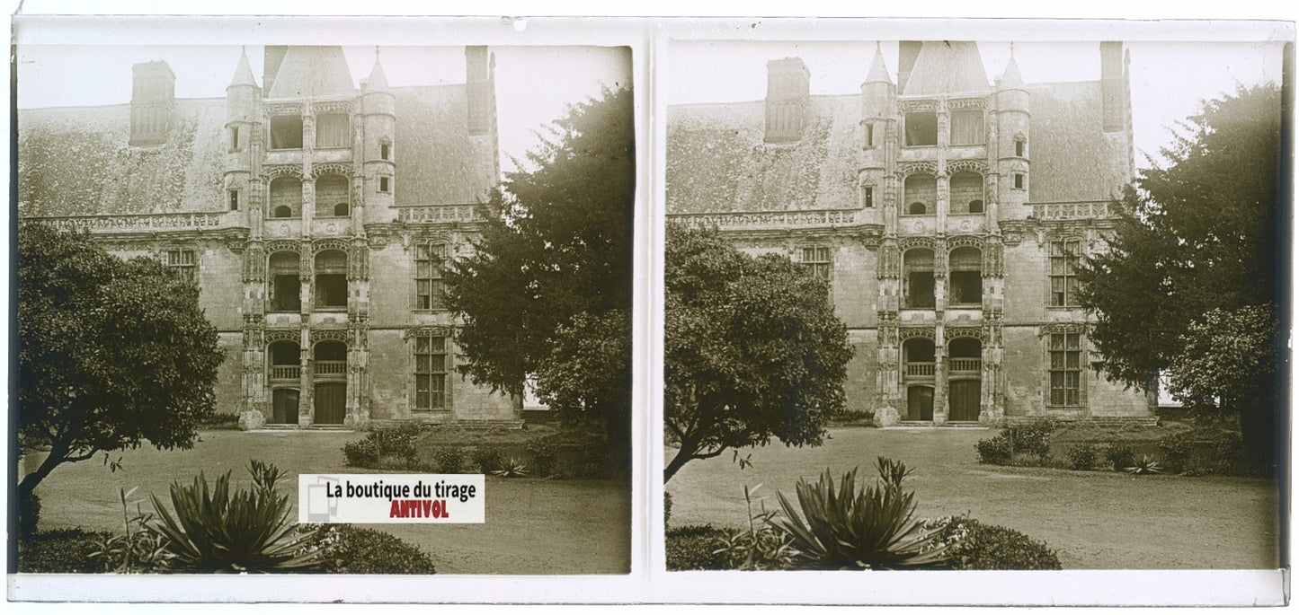 Château de Châteaudun, plaque verre, photo stéréoscopie, noir & blanc 6x13 cm