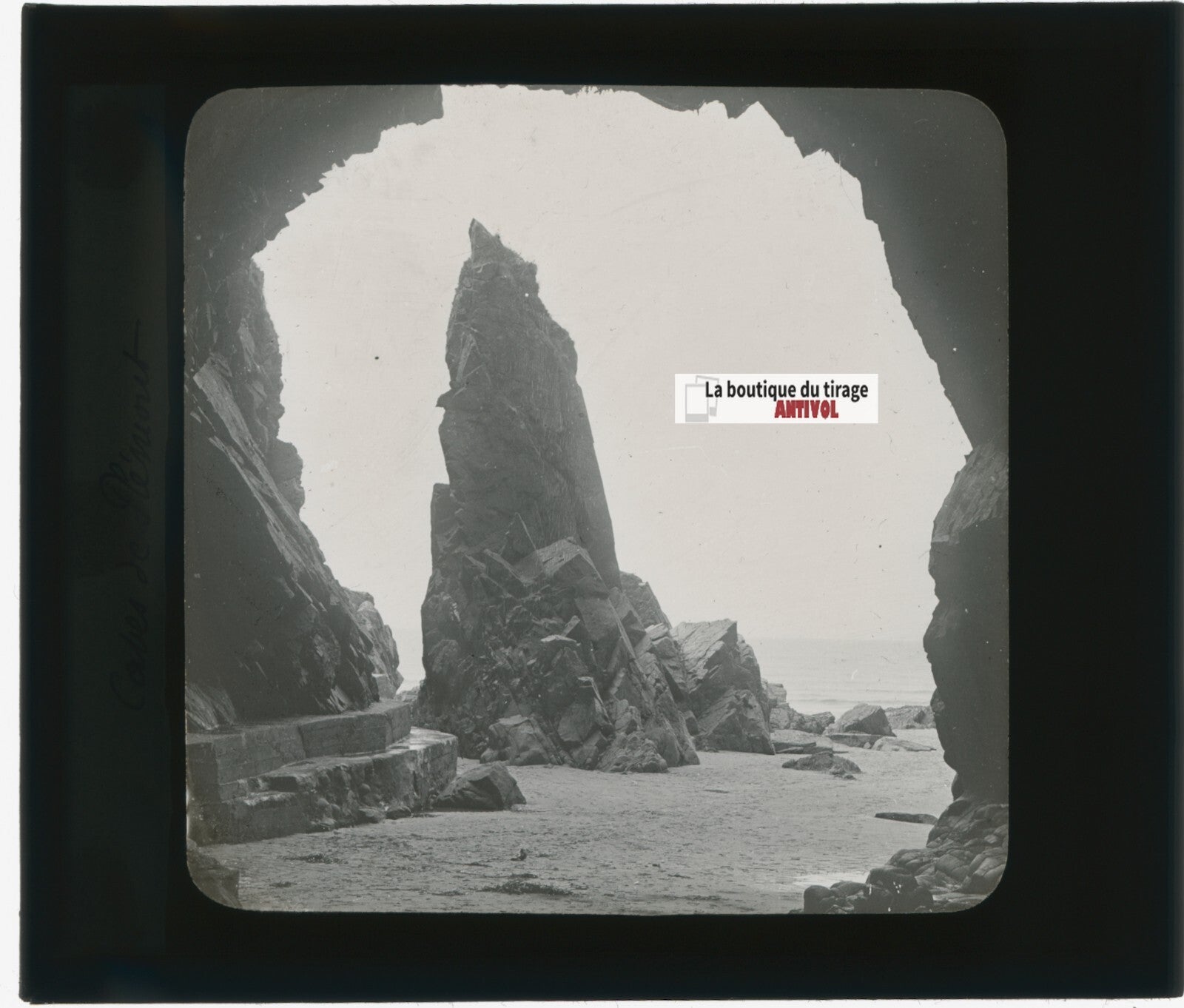 Grottes de Plémont, Jersey, photo ancienne plaque verre, positif 8,5x10 cm