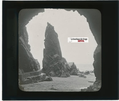 Grottes de Plémont, Jersey, photo ancienne plaque verre, positif 8,5x10 cm