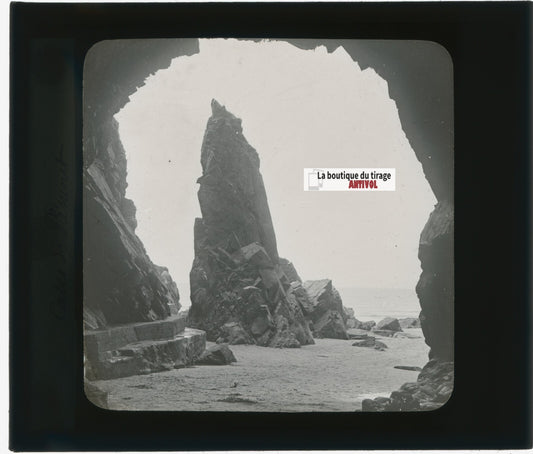 Grottes de Plémont, Jersey, photo ancienne plaque verre, positif 8,5x10 cm