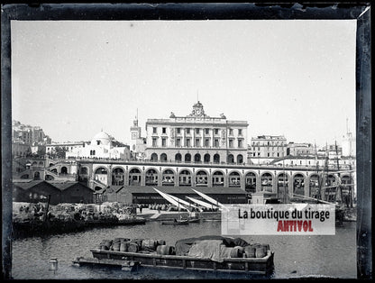 Palais consulaire d'Alger, port, plaque verre photo ancienne, négatif 9x12 cm